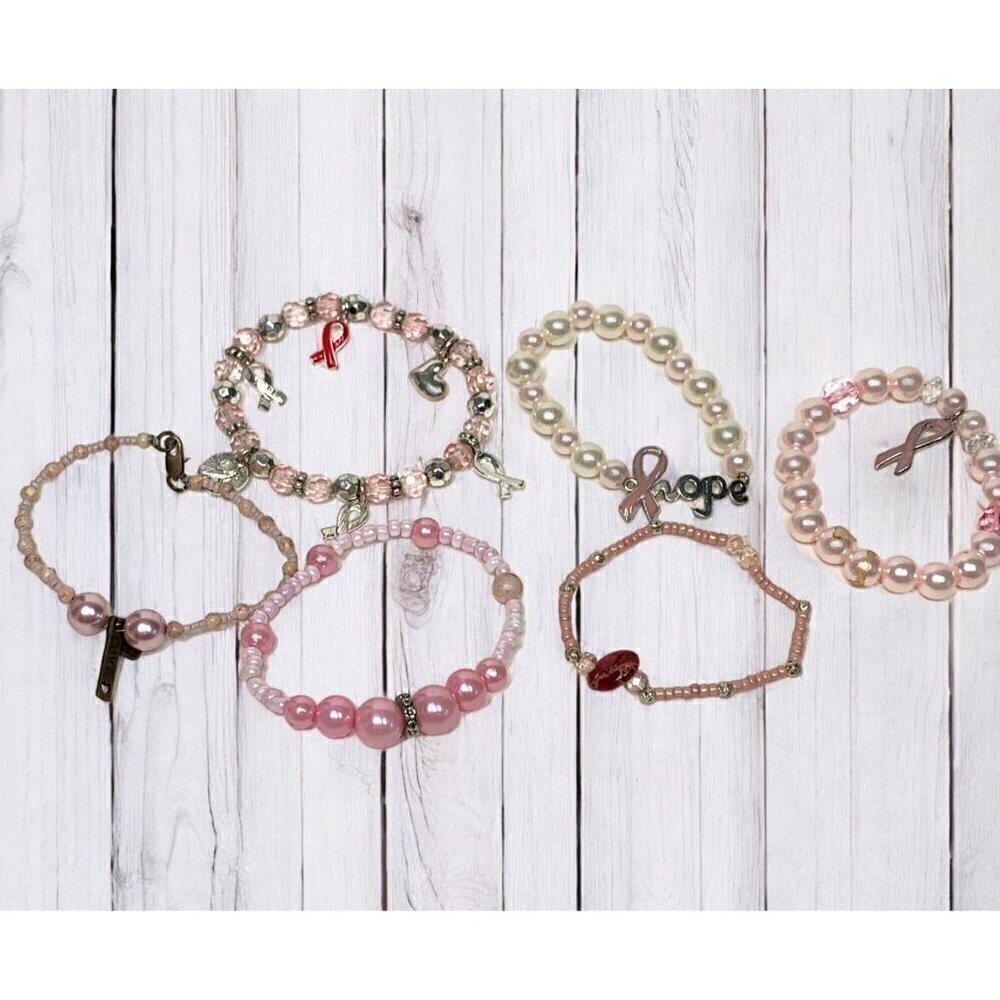 Breast Cancer Awareness Bracelet Bundle Pink Gold Silver Beaded Stretch OS